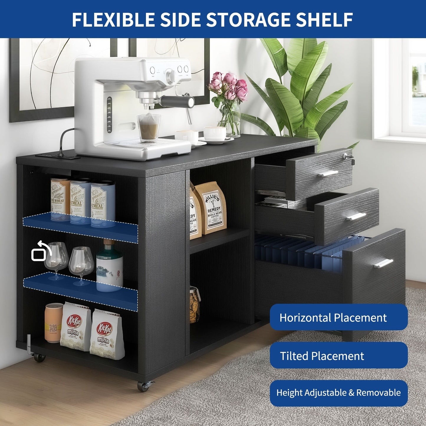Wood File Cabinet with Charging Station Mobile Lateral Filing Cabinet Lockable Fits A4 Letter Legal Size Files