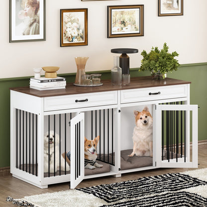 Wooden Double Dog Crate Kennel Furniture with 2 Drawers & Divider