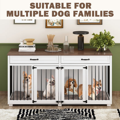 Wooden Double Dog Crate Kennel Furniture with 2 Drawers & Divider