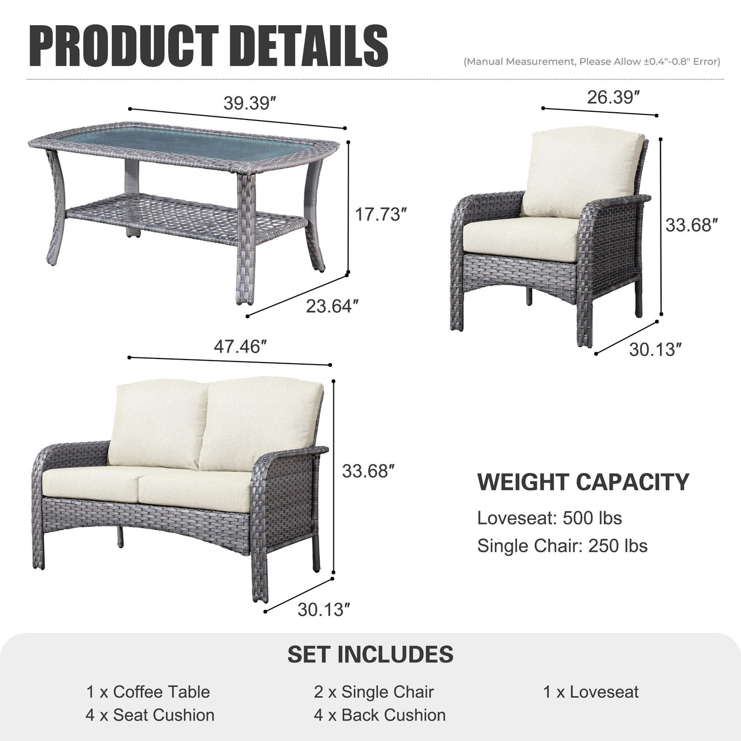 XIZZI 4-piece Outdoor Patio Furniture Conversation Set with Table